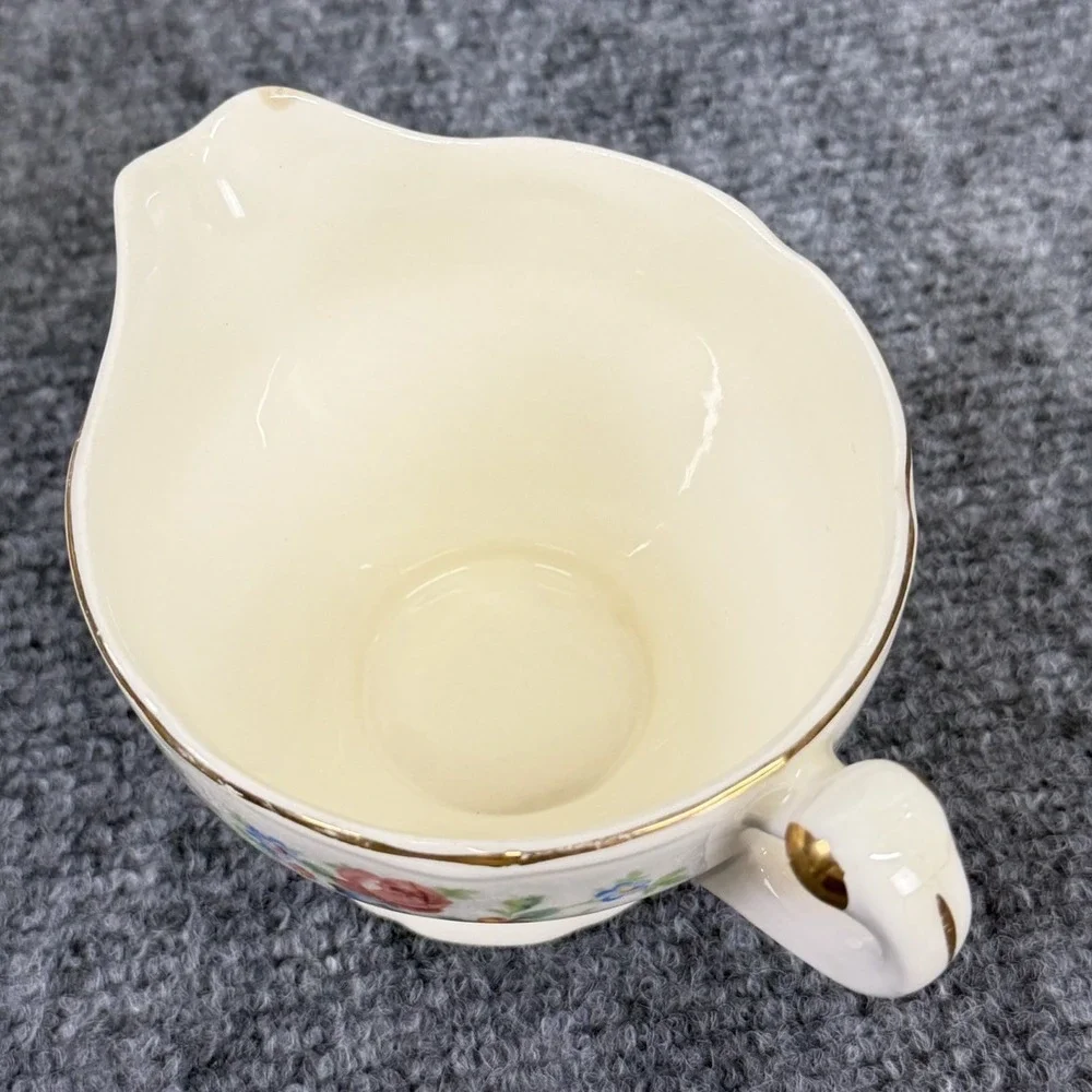 Stetson China Sugar Bowl Lid & Creamer Set  Roses Daisies Blue Flowers Scalloped